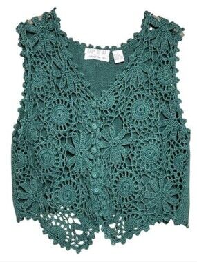 Up 2 U Hand Knitted crochet open knit sweater vest cardigan whimsy fairy Vintage